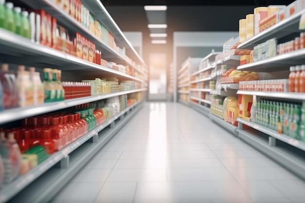 Image floue abstraite de l'arrière-plan du supermarché Étagères défocalisées avec des produits frais ai générative