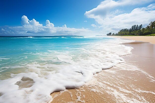 Image floue abstraite d'une belle plage de sable tropical et d'une eau claire avec un espace de copie d'été