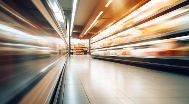 Une image floue d’une allée de supermarché avec une image floue d’un supermarché.