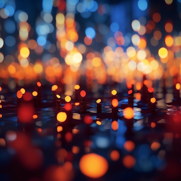 une image floue d'une bougie avec un reflet de lumières dans l'eau.