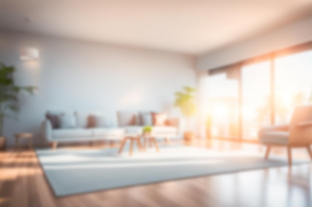 Photo image floue du salon avec des meubles à la maison avec la lumière du soleil du matin arrière-plan intérieur flou