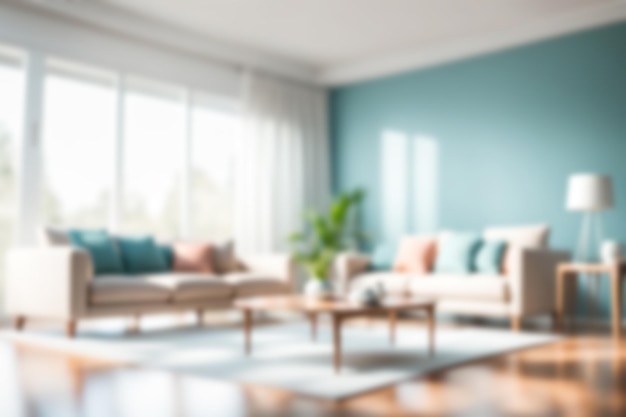 Image floue du salon avec des meubles à la maison avec la lumière du soleil du matin arrière-plan intérieur flou