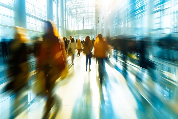 Une image floue d'une gare bondée avec des gens qui se promènent