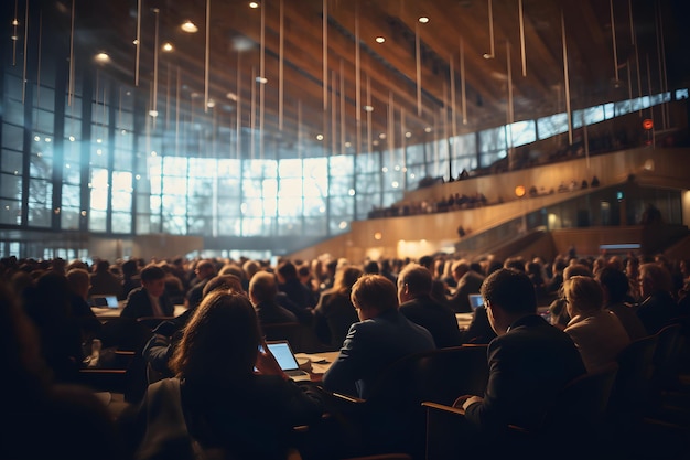 Une image floue d'une grande salle de conférence d'affaires