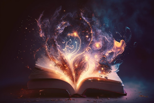 Image floue d'un livre magique entouré de flammes et d'étincelles créant une scène d'un autre monde