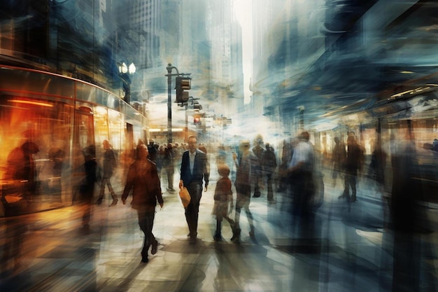 une image floue de personnes marchant dans une rue avec un arrière-plan flou.