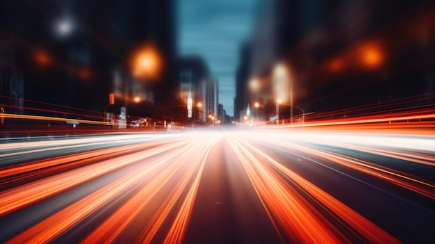 Une image floue d'une rue de la ville la nuit avec des pistes lumineuses ai