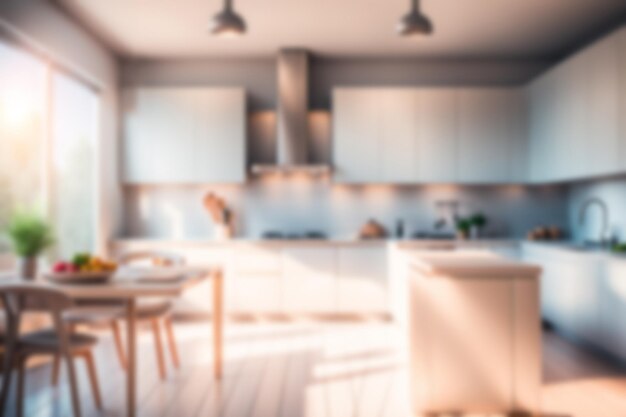 Image floue de la salle de cuisine avec des meubles à la maison avec la lumière du soleil pour l'utilisation en arrière-plan