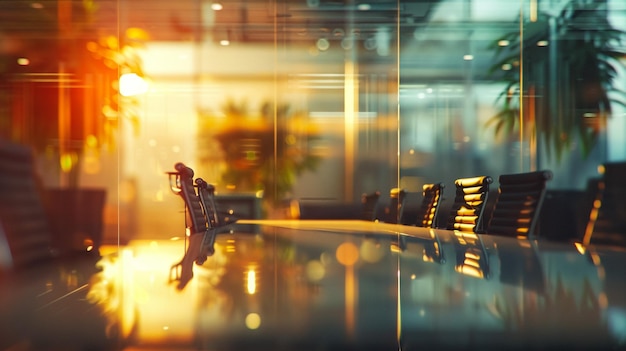 une image floue d'une table de conférence avec des chaises et un fond flou