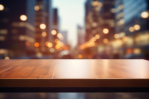 une image floue d'une table et d'un paysage urbain flou