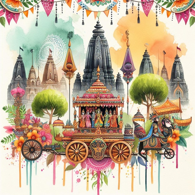 L'image de fond de l'aquarelle Ratha Yatra