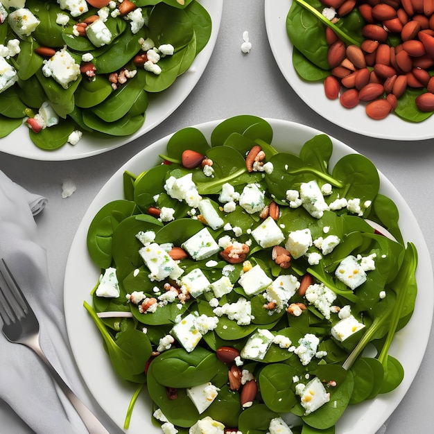 Photo image de fond d'une assiette d'salade d'épinards avec du fromage feta et du fromage feta