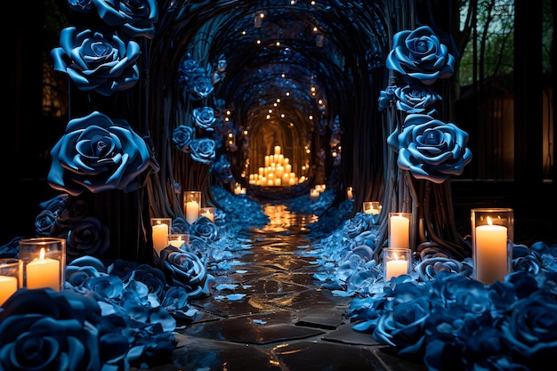 image de fond du chemin du tunnel de roses bleues