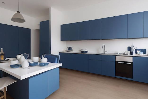 Image de fond de l'intérieur de la cuisine bleue moderne