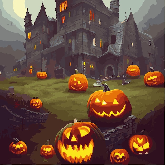 Image de fond de nuit d'Halloween avec château fantasmagorique et citrouilles Bannière d'éléments vectoriels Célébration d'Halloween