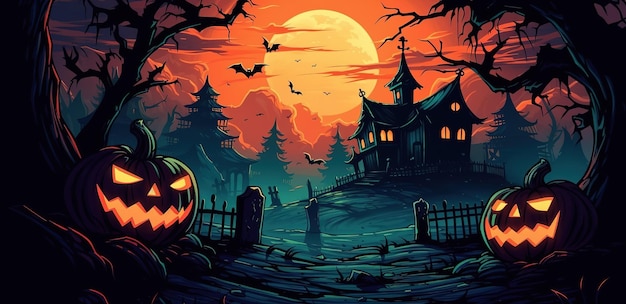 Photo image de fond de nuit d'halloween avec château fantasmagorique et citrouilles bannière d'éléments vectoriels halloween