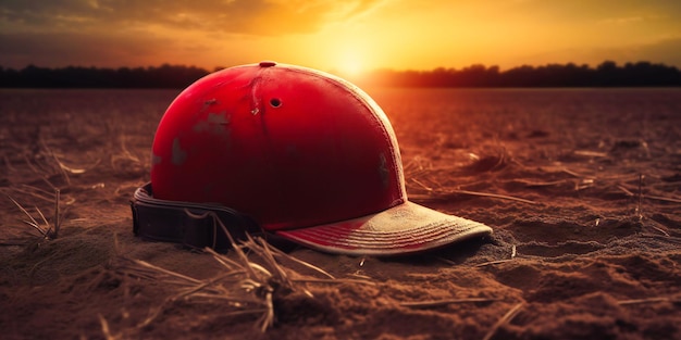 Image de fond d'un terrain de baseball et d'un casque de baseball rouge