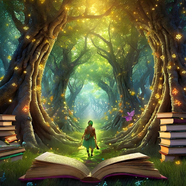 Photo une image d'une forêt enchantée avec des livres