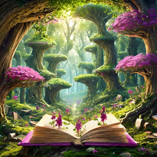 Photo une image d'une forêt enchantée avec des livres