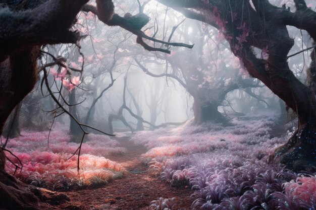 une image d'une forêt avec des fleurs roses et violettes