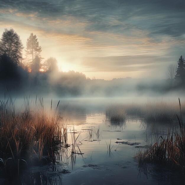 une image d'une forêt avec un lac et des arbres en arrière-plan