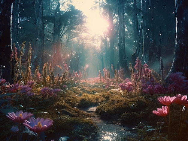 une image d'une forêt magique avec des fleurs roses