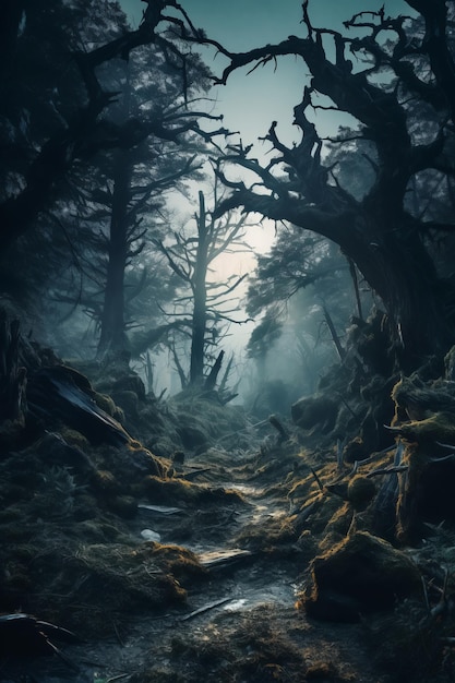 une image d'une forêt sombre avec des arbres et des rochers