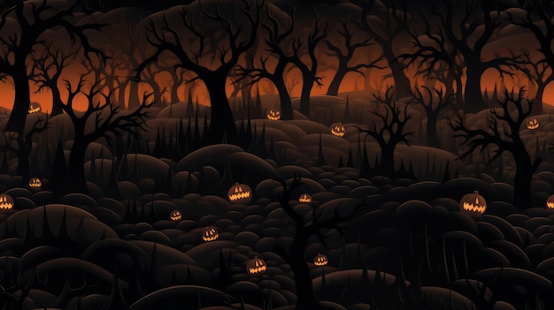 une image d'une forêt sombre avec des citrouilles et des arbres