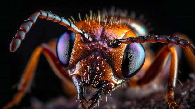 Une image de fourmi avec objectif bleu macro