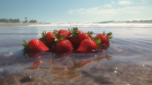 Image d'une fraise au bord des vagues AI générative