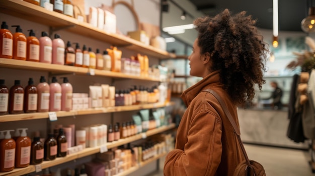 L'image franche d'une femme qui parcourt avec enthousiasme les produits cosmétiques naturels et respectueux de l'environnement dans un magasin reflète