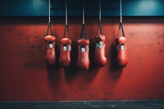 Photo une image frappante d'une rangée de gants de boxe rouges accrochés à un mur rouge vibrant gants de box accrochés au mur d'un gymnase généré par l'ia