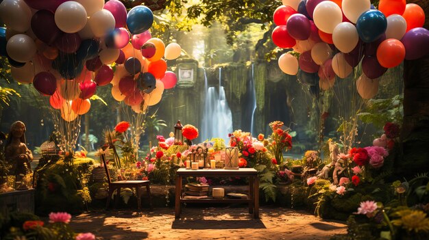Photo une image frappante d'une scène d'anniversaire avec des ballons vivants et une toile de fond luxuriante