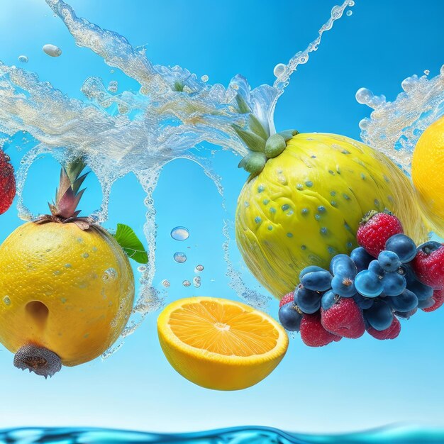 Une image de fruits et d'eau éclaboussant avec un fond bleu.