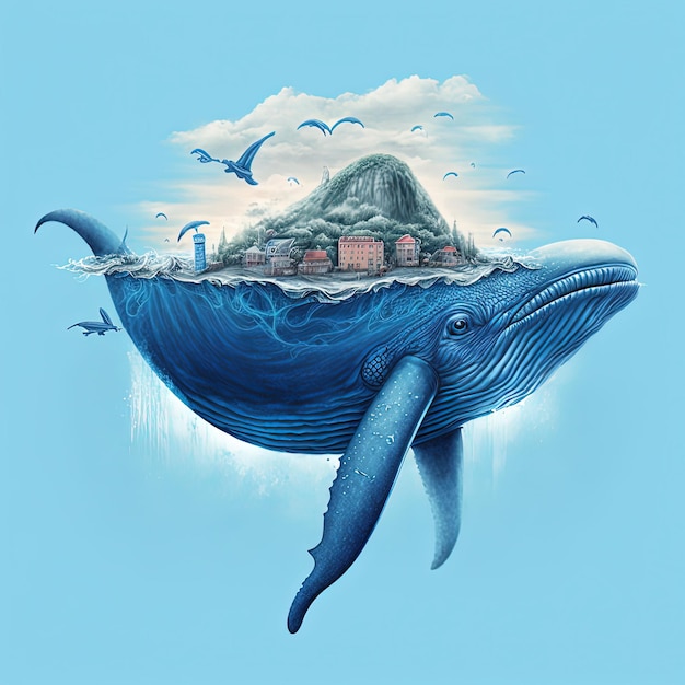 Image de fusion entre une baleine bleue et une belle petite île au milieu de l'océan