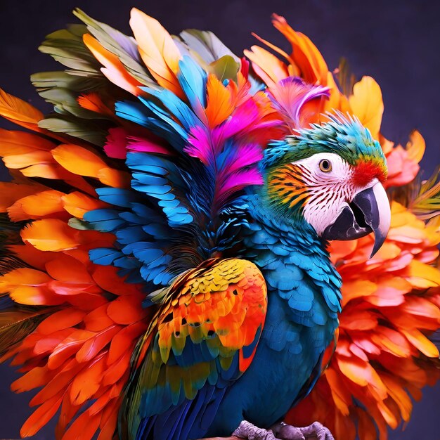 Image de fusion entre un perroquet et un paon avec un plumage vibrant et coloré