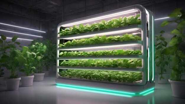 Photo une image futuriste en 4k montrant un rack d'agriculture vertical rempli de plantes vertes