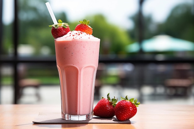 Image générative Ai Milkshake aux fraises dans un verre avec une paille