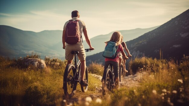 Une image générative de la famille Maman Papa et les enfants en vélo dans une région montagneuse touristes