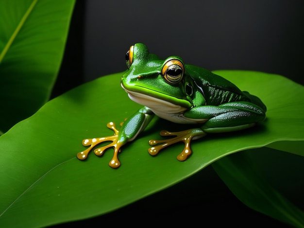 Une image générative d'une grenouille verte assise sur une feuille verte d'une plante tropicale sur un fond noir a été générée