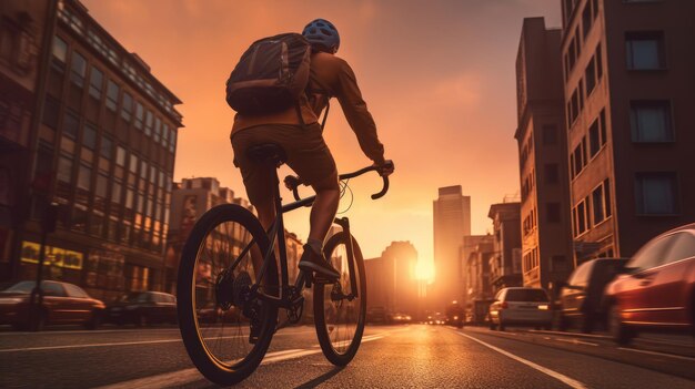 Une image générative d'un homme de livraison de nourriture sur un vélo dans une rue de la ville avec un grand sac à dos au coucher du soleil