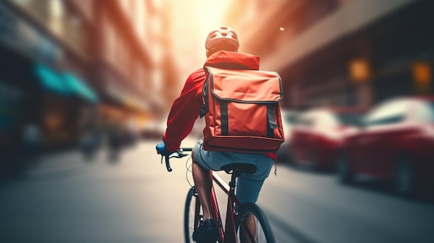 Une image générative d'un homme de livraison de nourriture sur un vélo dans une rue de la ville avec un grand sac à dos au coucher du soleil