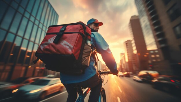 Une image générative d'un homme de livraison de nourriture sur un vélo dans une rue de la ville avec un grand sac à dos au coucher du soleil