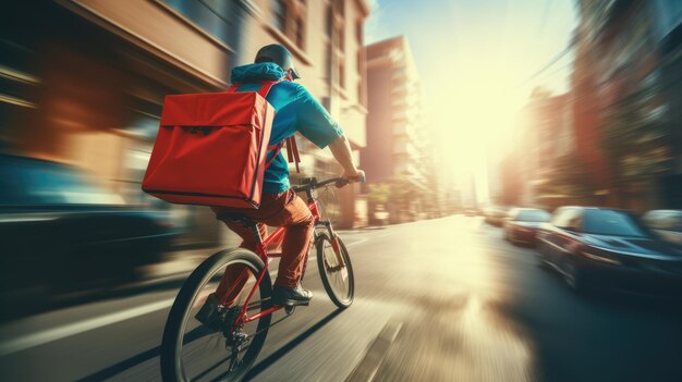 Photo une image générative d'un homme de livraison de nourriture sur un vélo dans une rue de la ville avec un grand sac à dos au coucher du soleil