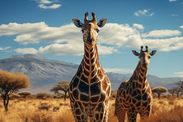 Image générative d'IA d'animaux sauvages Girafes africaines dans la savane avec paysage naturel