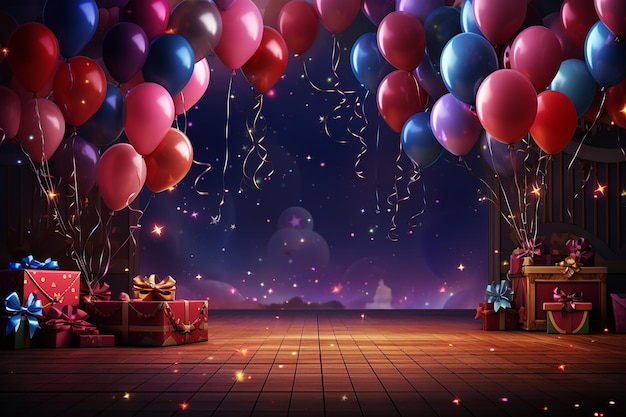 Image générative d'IA d'arrière-plan de scène de fête d'anniversaire d'enfant avec décoration de cadeaux et de ballons