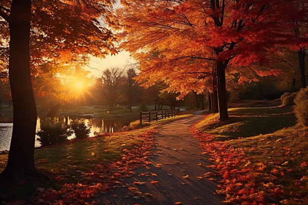 Image générative d'IA de l'automne dans le parc avec des feuilles qui tombent au lever du soleil