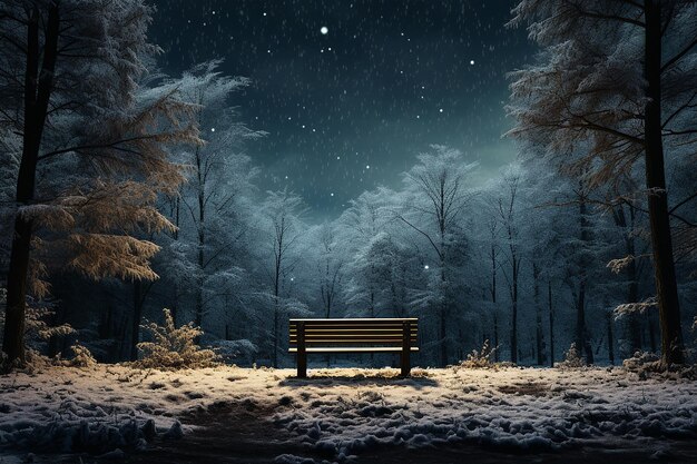 Image générative d'IA d'un banc en bois entouré d'arbres dans la forêt pendant les chutes de neige la nuit