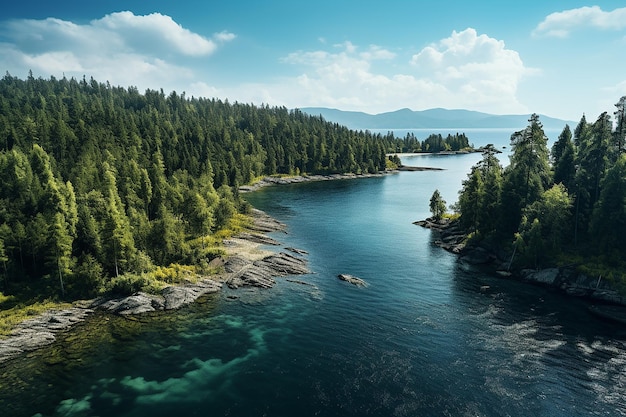 Image générative d'IA de Blue Lake View avec des arbres denses dans la forêt à Bright Day