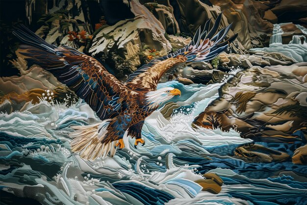 Une image générative d'IA brodée d'aigle volant bas essayant d'attraper un poisson à la rivière